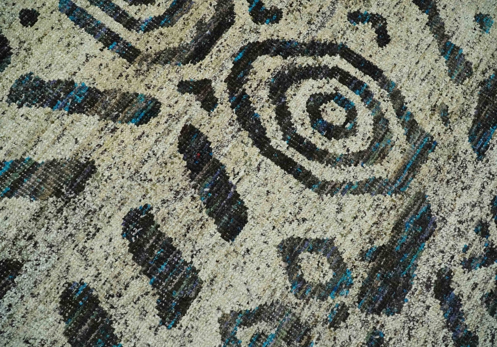 8x10 Hand Knotted Ivory and Charcoal Modern Tribal Style Contemporary Recycled Silk Area Rug | OP49