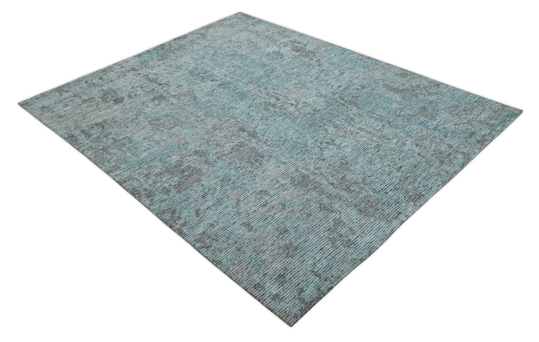 8x10 hand knotted Ivory, Aqua and Charcoal Modern Abstract Wool and Bamboo Silk Area Rug