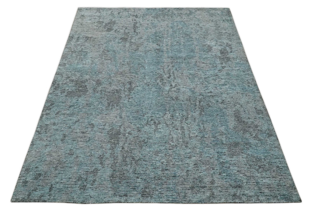 8x10 hand knotted Ivory, Aqua and Charcoal Modern Abstract Wool and Bamboo Silk Area Rug