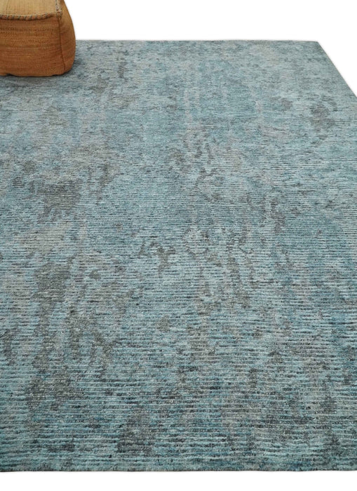 8x10 hand knotted Ivory, Aqua and Charcoal Modern Abstract Wool and Bamboo Silk Area Rug