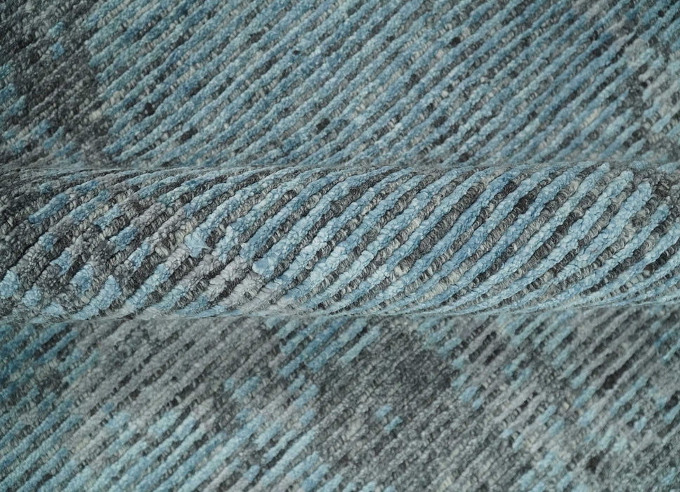 8x10 hand knotted Ivory, Aqua and Charcoal Modern Abstract Wool and Bamboo Silk Area Rug