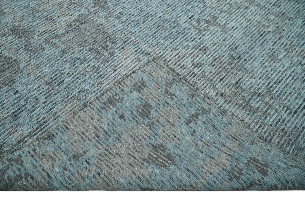 8x10 hand knotted Ivory, Aqua and Charcoal Modern Abstract Wool and Bamboo Silk Area Rug