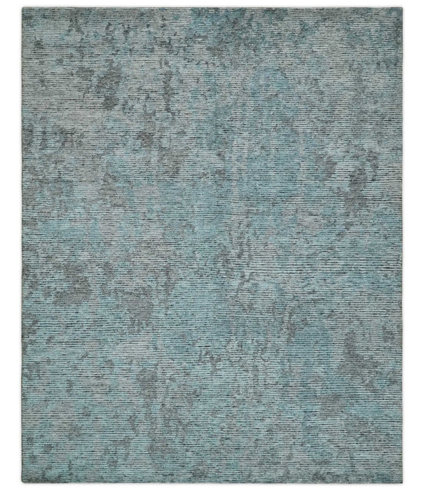8x10 hand knotted Ivory, Aqua and Charcoal Modern Abstract Wool and Bamboo Silk Area Rug