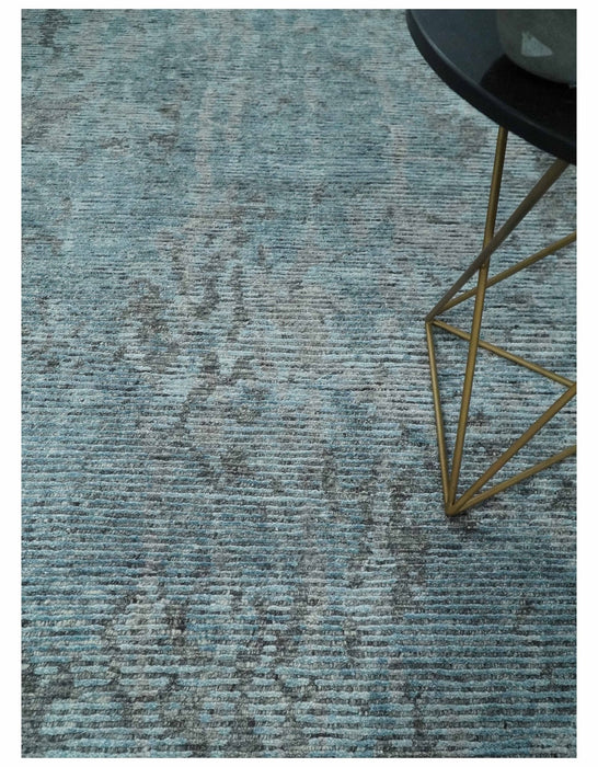 8x10 hand knotted Ivory, Aqua and Charcoal Modern Abstract Wool and Bamboo Silk Area Rug