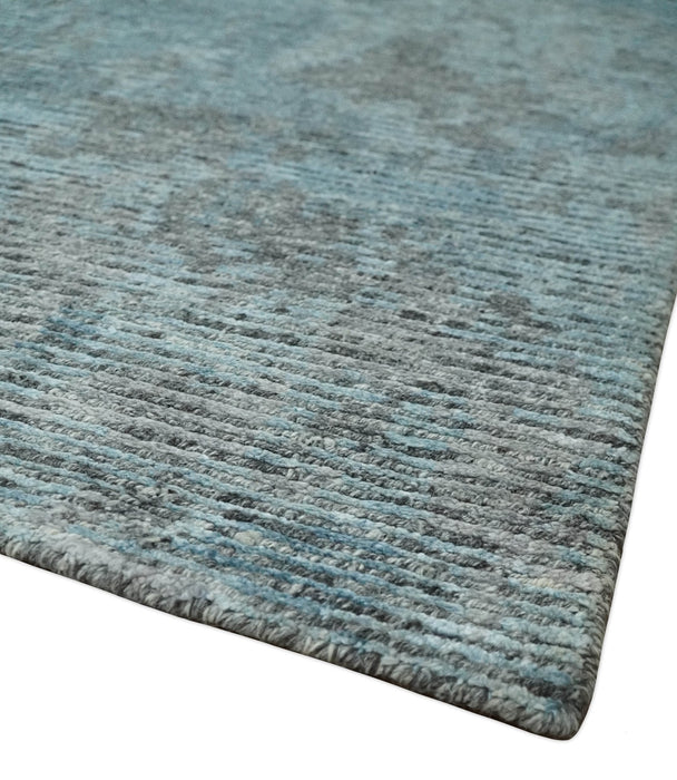 8x10 hand knotted Ivory, Aqua and Charcoal Modern Abstract Wool and Bamboo Silk Area Rug