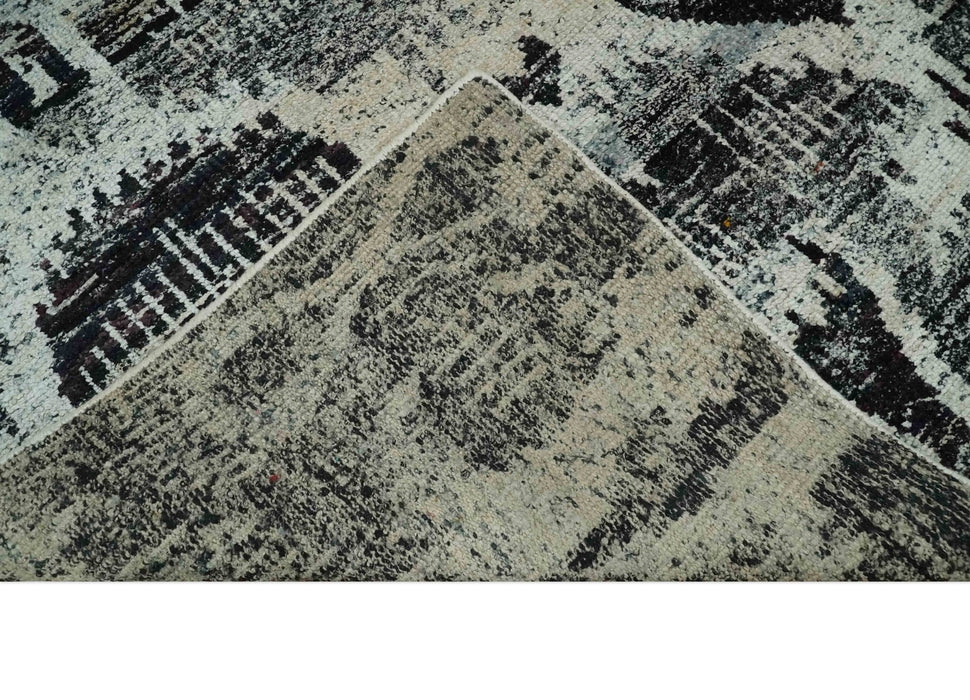 4x6 and 8x10 Hand Knotted Ivory, Charcoal and Brown  Antique Persian Style  Recycled Silk Area Rug
