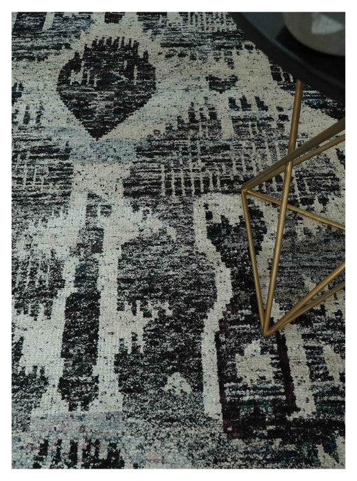 4x6 and 8x10 Hand Knotted Ivory, Charcoal and Brown  Antique Persian Style  Recycled Silk Area Rug