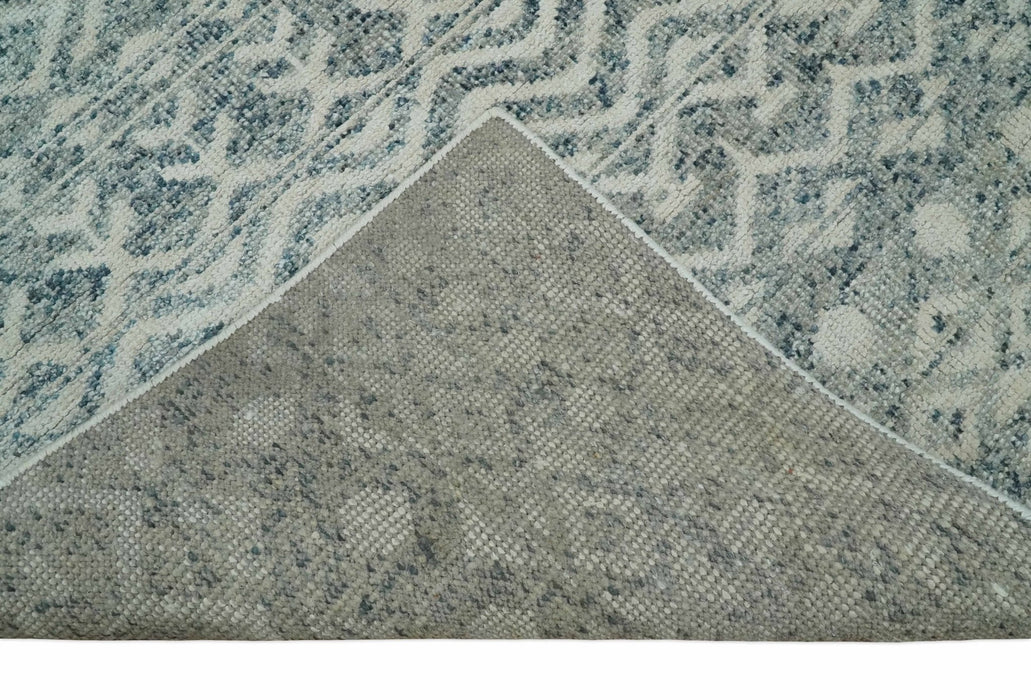 8x10 Hand Knotted Ivory, Gray and Blue Modern Contemporary Southwestern Tribal Trellis Recycled Silk Area Rug | OP40
