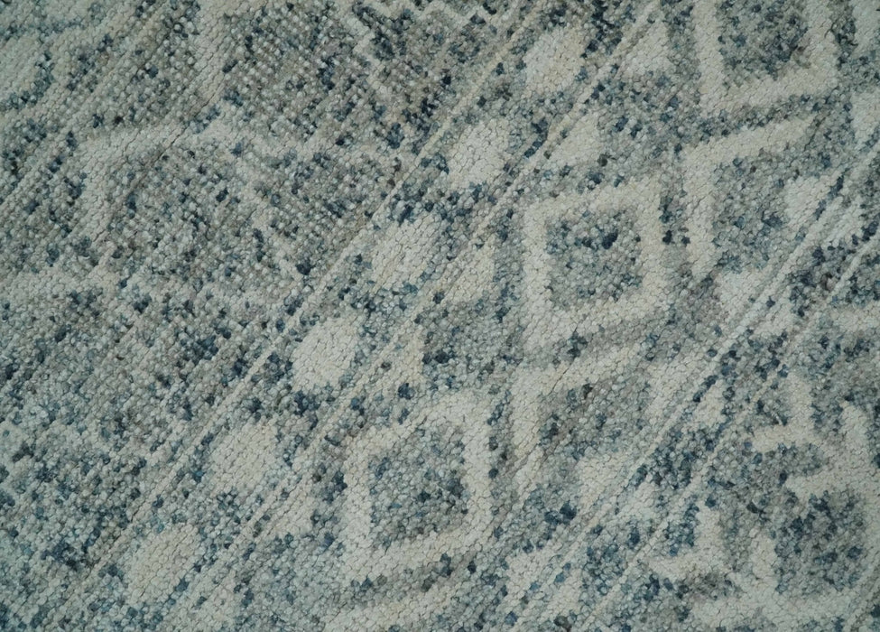 8x10 Hand Knotted Ivory, Gray and Blue Modern Contemporary Southwestern Tribal Trellis Recycled Silk Area Rug | OP40