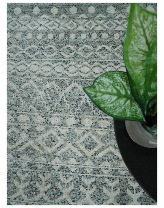 8x10 Hand Knotted Ivory, Gray and Blue Modern Contemporary Southwestern Tribal Trellis Recycled Silk Area Rug | OP40