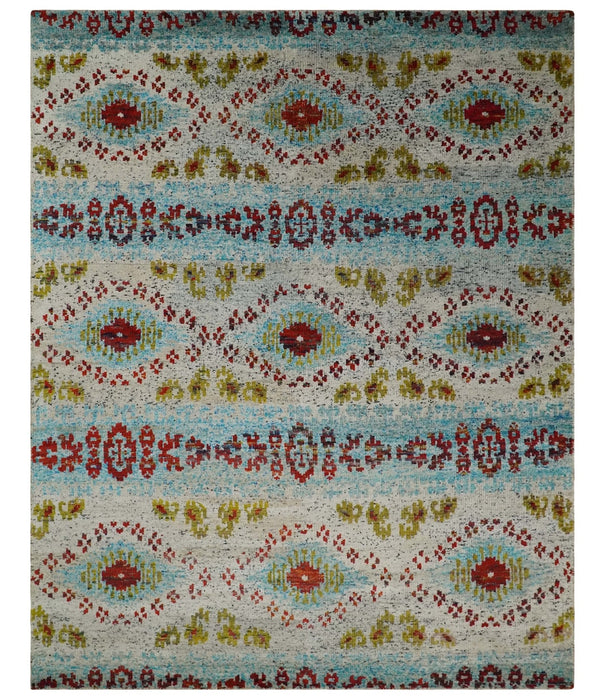 8x10 Hand Knotted Ivory, Red and Blue Persian made of Recycled Silk Area Rug | OP53
