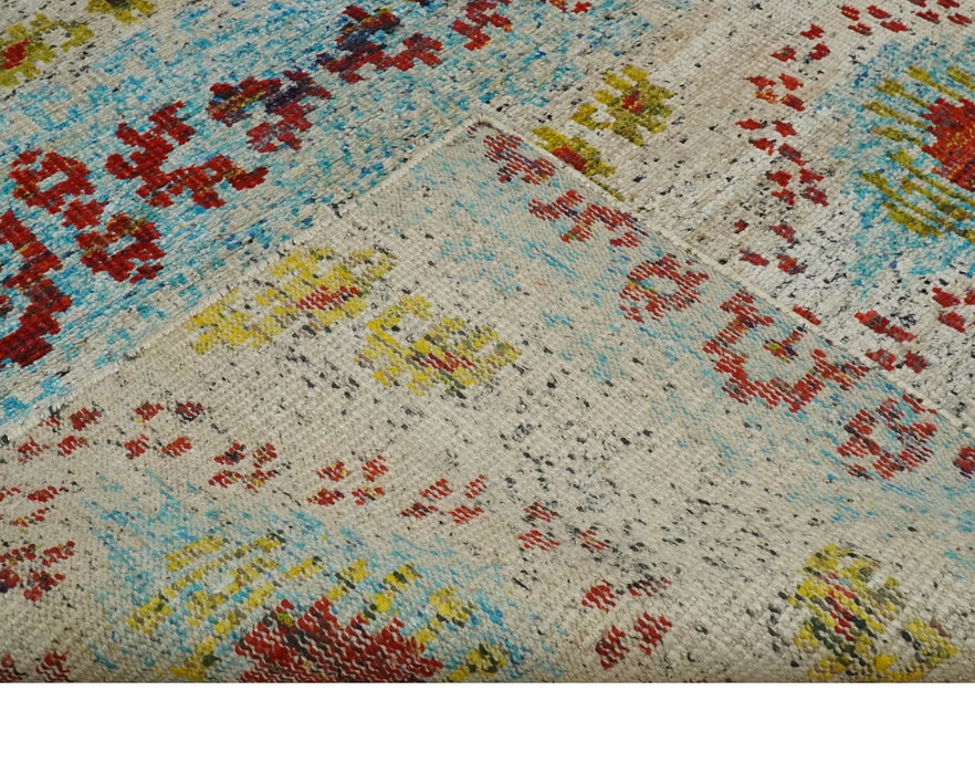 8x10 Hand Knotted Ivory, Red and Blue Persian made of Recycled Silk Area Rug | OP53