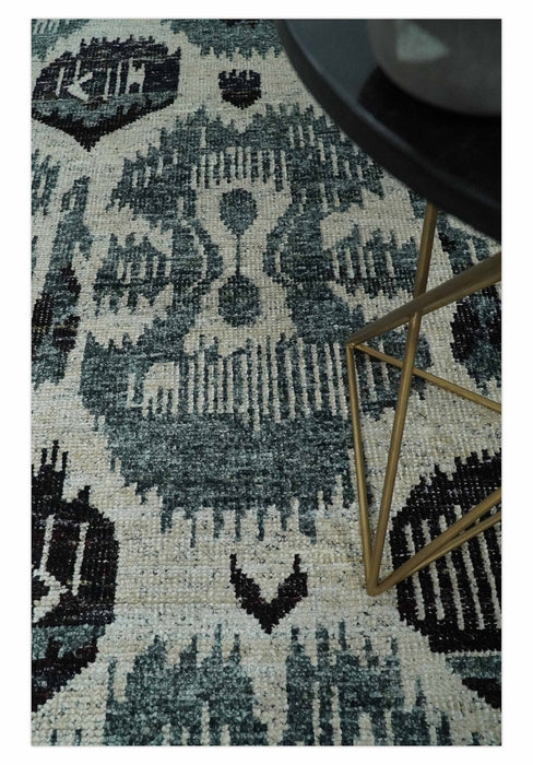 8x10 Hand Knotted Ivory, Teal and Black  Antique Persian Style Contemporary Recycled Silk Area Rug | OP39
