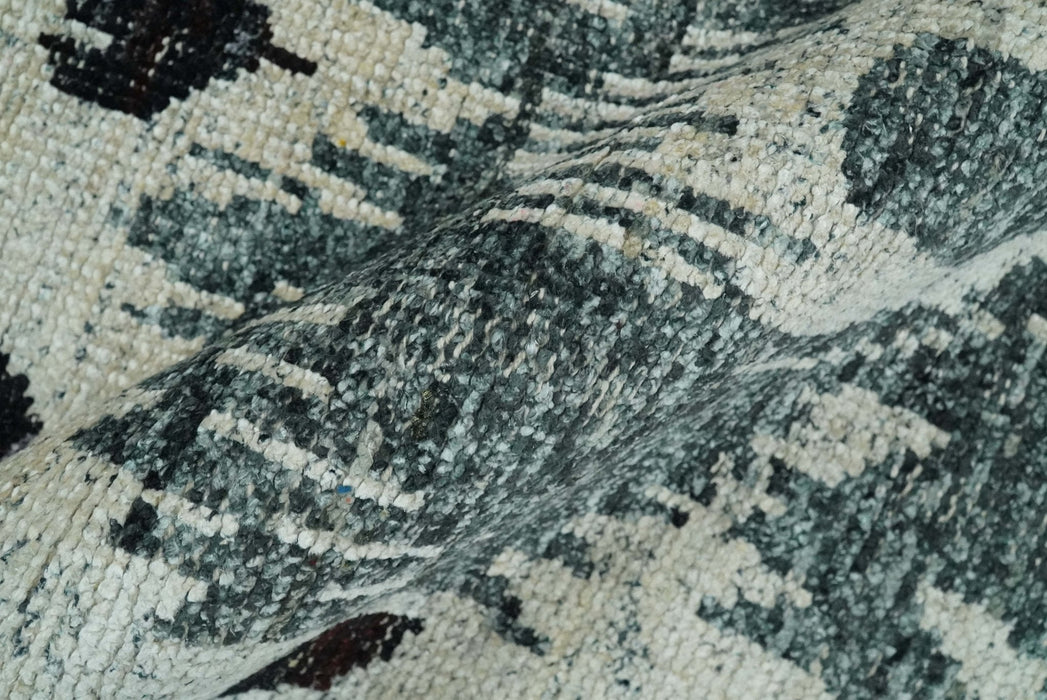 8x10 Hand Knotted Ivory, Teal and Black  Antique Persian Style Contemporary Recycled Silk Area Rug | OP39