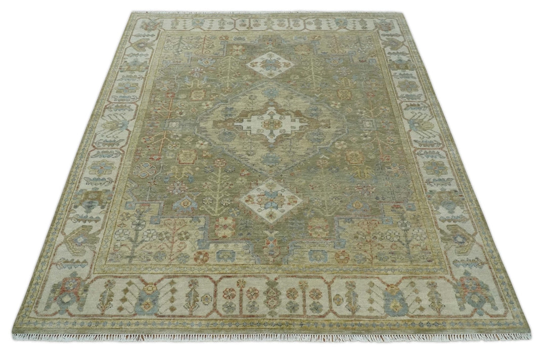 8x10 Hand Knotted Olive and Ivory Traditional Vintage Heriz Serapi Antique Wool Rug | TRDCP1076S