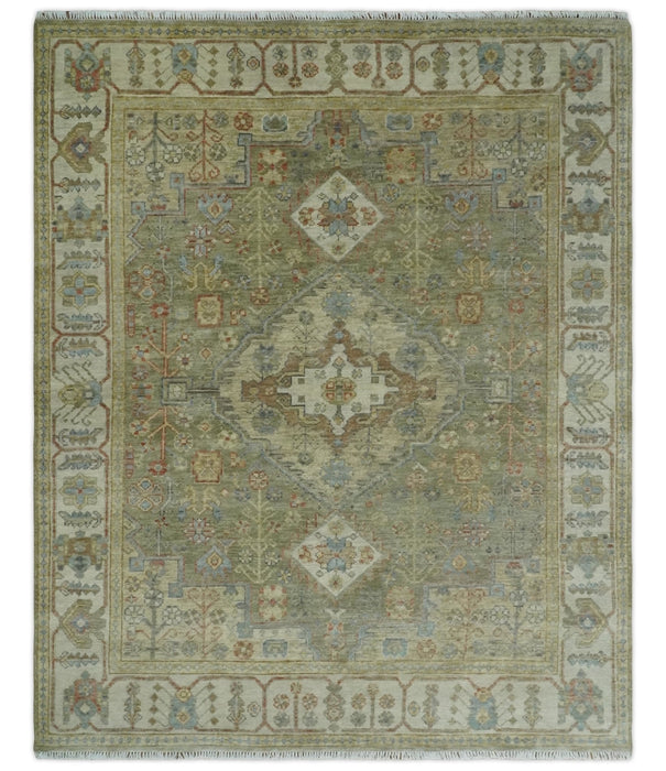 8x10 Hand Knotted Olive and Ivory Traditional Vintage Heriz Serapi Antique Wool Rug | TRDCP1076S