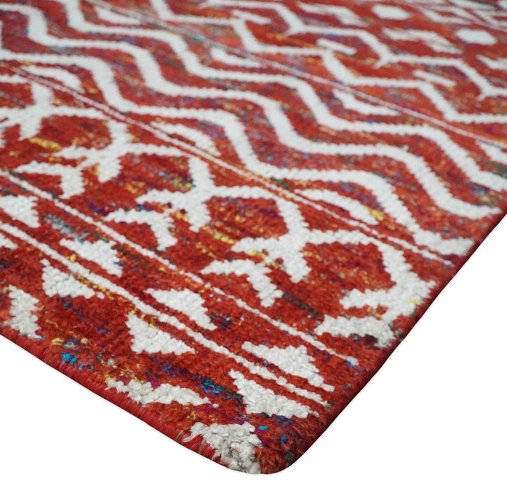 8x10 Hand Knotted Maroon and White Modern Contemporary Southwestern Tribal Trellis Recycled Silk Area Rug | OP27