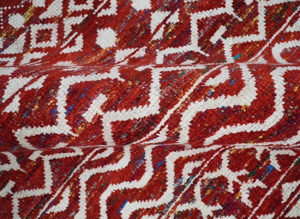 8x10 Hand Knotted Maroon and White Modern Contemporary Southwestern Recycled Silk Area Rug