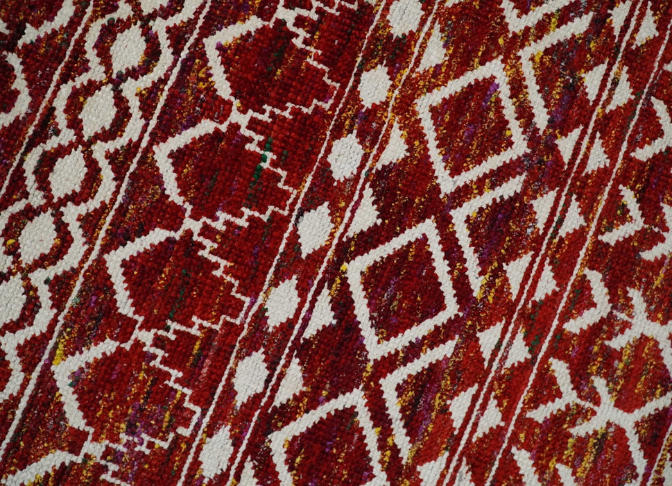 8x10 Hand Knotted Red and White Modern Contemporary Southwestern Tribal Trellis Recycled Silk Area Rug | TRDOP2