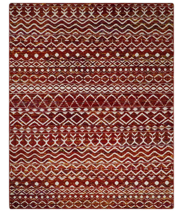 8x10 Hand Knotted Red and White Modern Contemporary Southwestern Tribal Trellis Recycled Silk Area Rug | TRDOP2