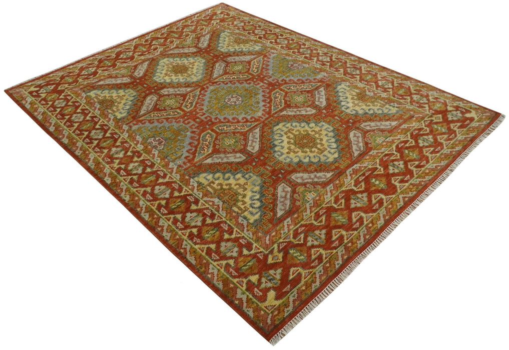 8x10 Hand Knotted Rust, Beige and Gray Oriental Traditional Wool Area Rug