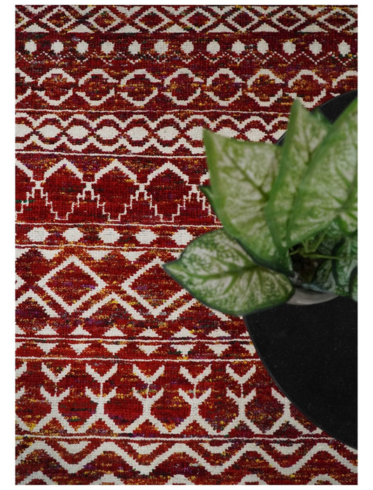 8x10 Hand Knotted Rust, Gold and White Modern Contemporary Southwestern Tribal Trellis Recycled Silk Area Rug | OP2