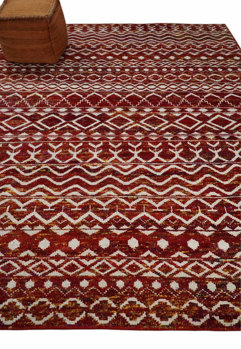 8x10 Hand Knotted Rust, Gold and White Modern Contemporary Southwestern Tribal Trellis Recycled Silk Area Rug | OP2