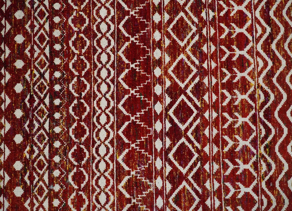 8x10 Hand Knotted Rust, Gold and White Modern Contemporary Southwestern Tribal Trellis Recycled Silk Area Rug | OP2