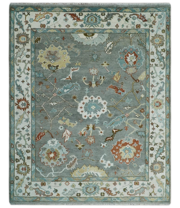 8x10 Hand Knotted Silver and Ivory Oriental Oushak Wool Rug