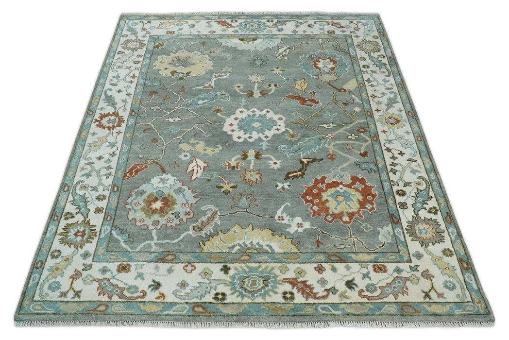 8x10 Hand Knotted Silver and Ivory Oriental Oushak Wool Rug