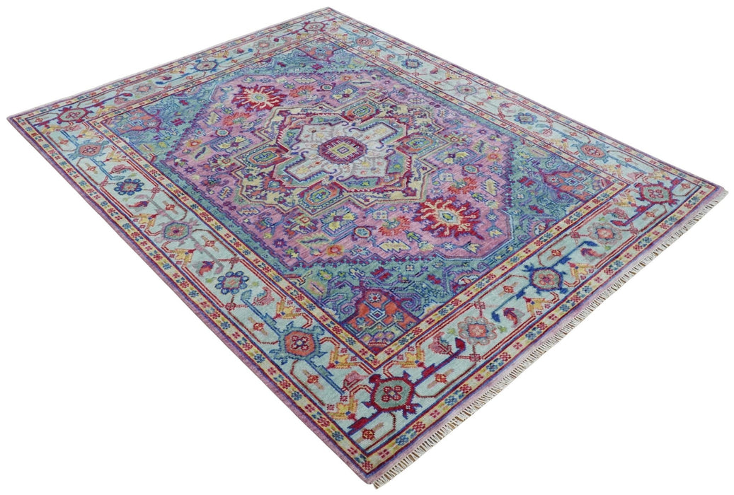 8x10 Hand Knotted Silver, Purple and Green Traditional Wool Rug