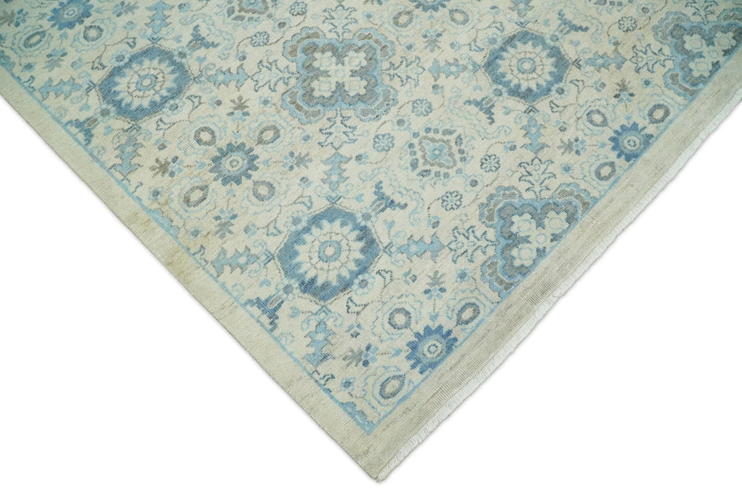 Vintage 8x10 Hand Knotted Traditional Ivory and Blue Oxidized Textured Low Pile Wool Rug | TRD1650810
