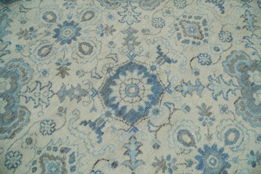 Vintage 8x10 Hand Knotted Traditional Ivory and Blue Oxidized Textured Low Pile Wool Rug | TRD1650810