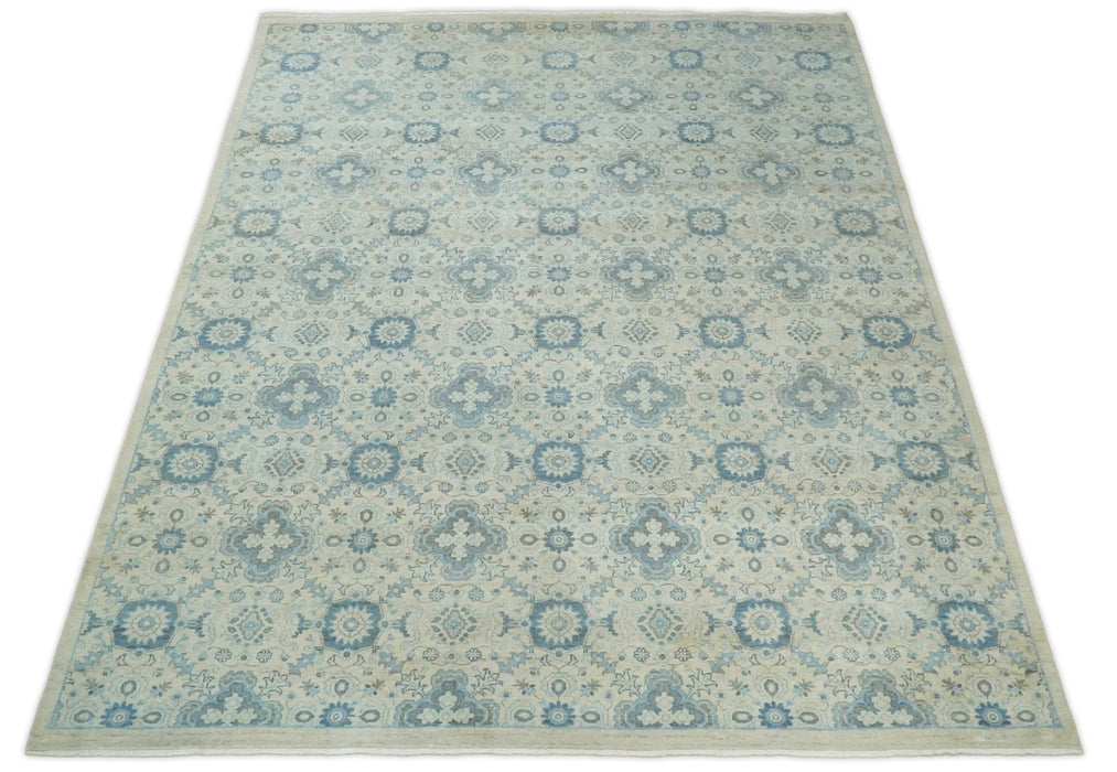Vintage 8x10 Hand Knotted Traditional Ivory and Blue Oxidized Textured Low Pile Wool Rug | TRD1650810