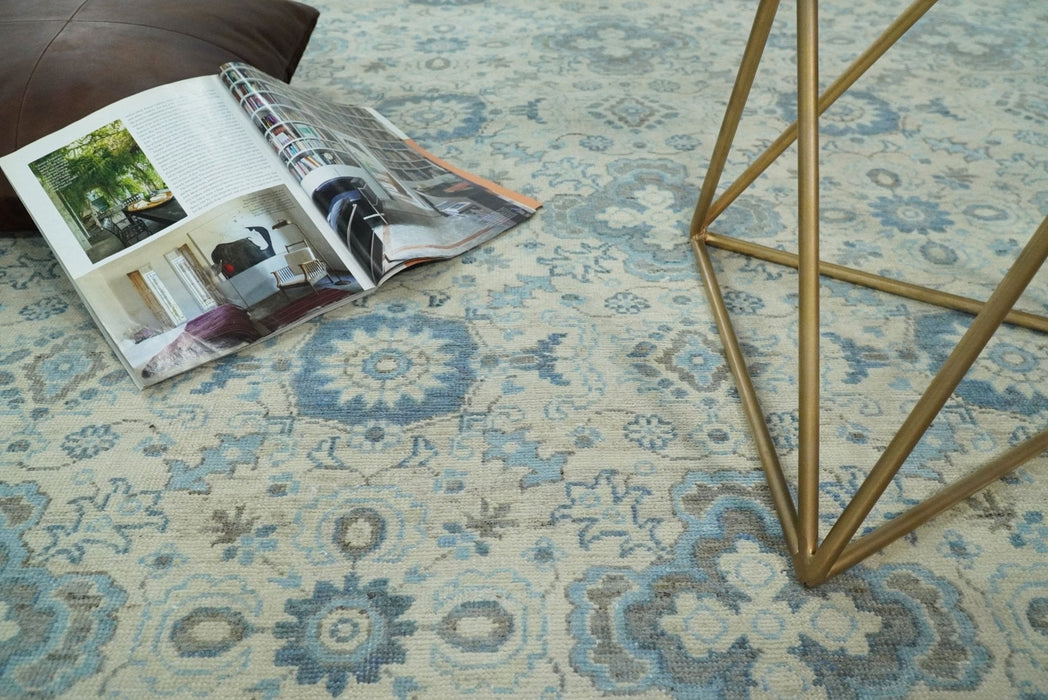 Vintage 8x10 Hand Knotted Traditional Ivory and Blue Oxidized Textured Low Pile Wool Rug | TRD1650810