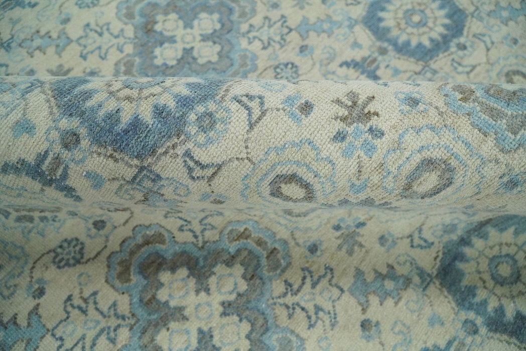 Vintage 8x10 Hand Knotted Traditional Ivory and Blue Oxidized Textured Low Pile Wool Rug | TRD1650810