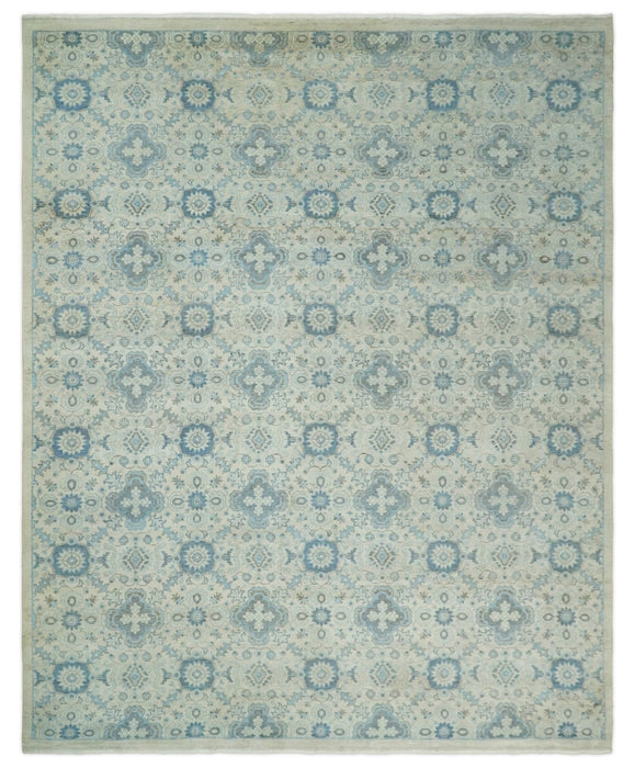 Hand Knotted Traditional Ivory and Blue Oxidized Textured Low Pile Wool Rug