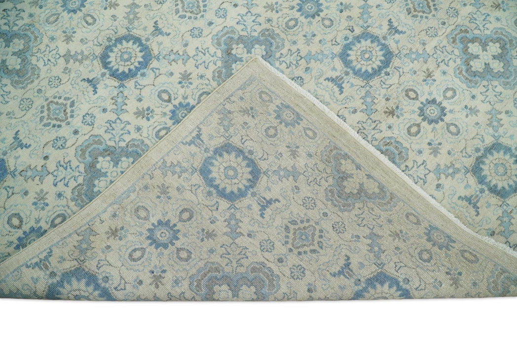 Vintage 8x10 Hand Knotted Traditional Ivory and Blue Oxidized Textured Low Pile Wool Rug | TRD1650810
