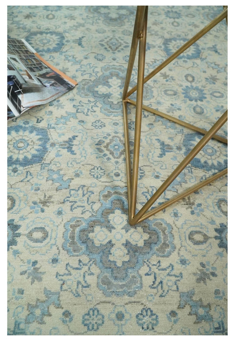Vintage 8x10 Hand Knotted Traditional Ivory and Blue Oxidized Textured Low Pile Wool Rug | TRD1650810