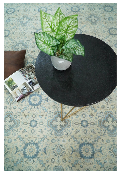 Vintage 8x10 Hand Knotted Traditional Ivory and Blue Oxidized Textured Low Pile Wool Rug | TRD1650810