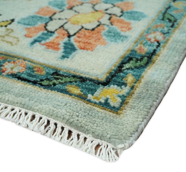Vibrant Colorful Aqua, Ivory, Gold and Rust Hand Knotted Traditional Oushak Multi Size wool Area Rug