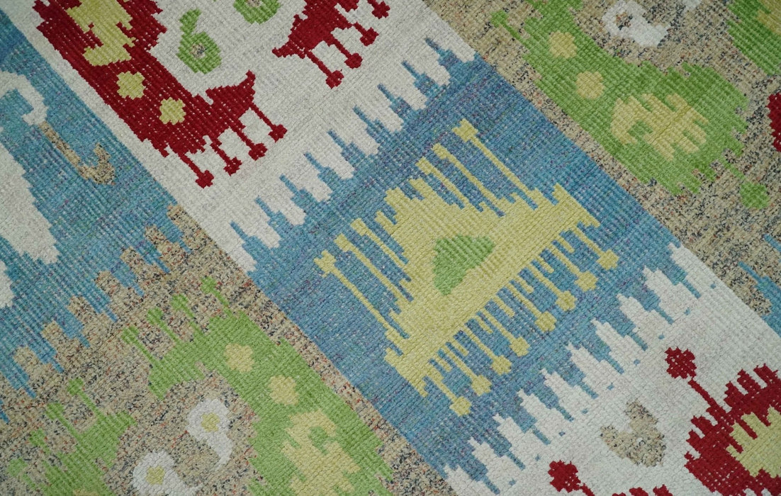 8x10 Hand Knotted White, Blue and Rust Modern Tribal Style Contemporary Recycled Silk Area Rug | OP45