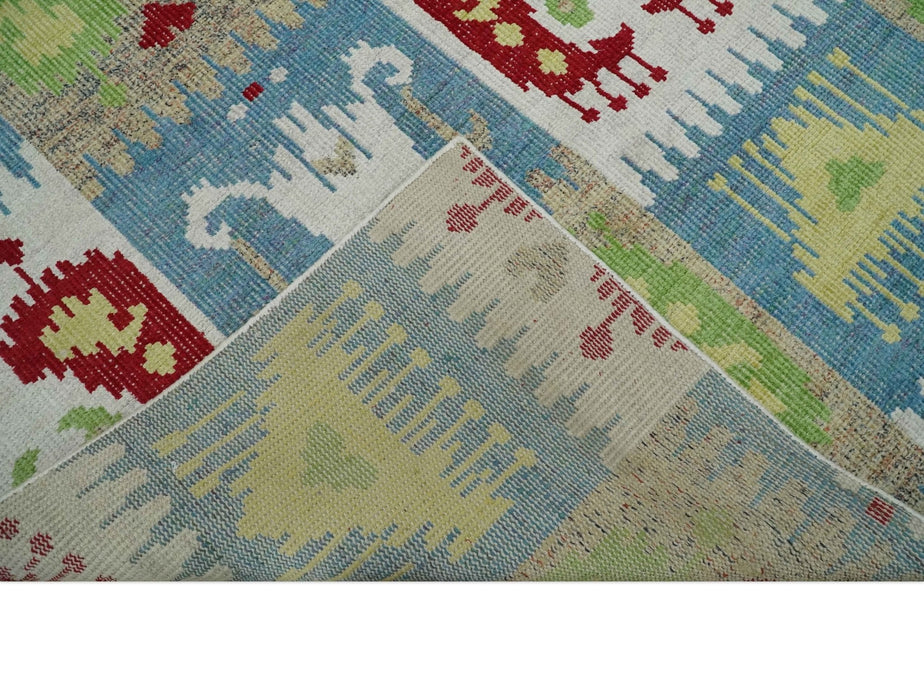 8x10 Hand Knotted White, Blue and Rust Modern Tribal Style Contemporary Recycled Silk Area Rug | OP45