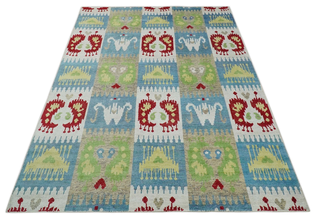 8x10 Hand Knotted White, Blue and Rust Modern Tribal Style Contemporary Recycled Silk Area Rug | OP45