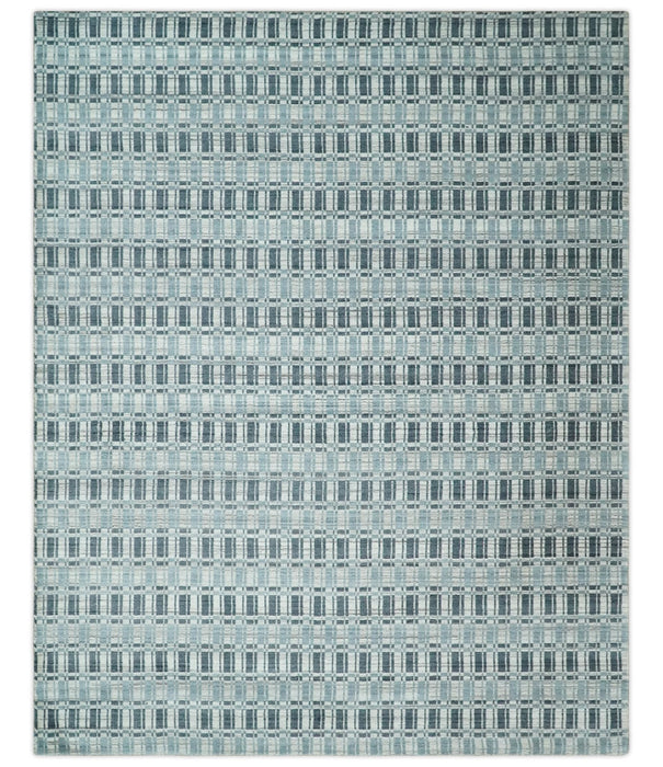 8x10 Hand Made Checkered Beige, Blue and Charcoal Scandinavian Blended Wool Flatwoven Area Rug | KE30