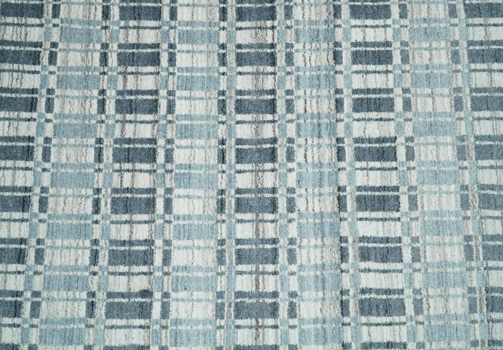 8x10 Hand Made Checkered Beige, Blue and Charcoal Scandinavian Blended Wool Flatwoven Area Rug | KE30