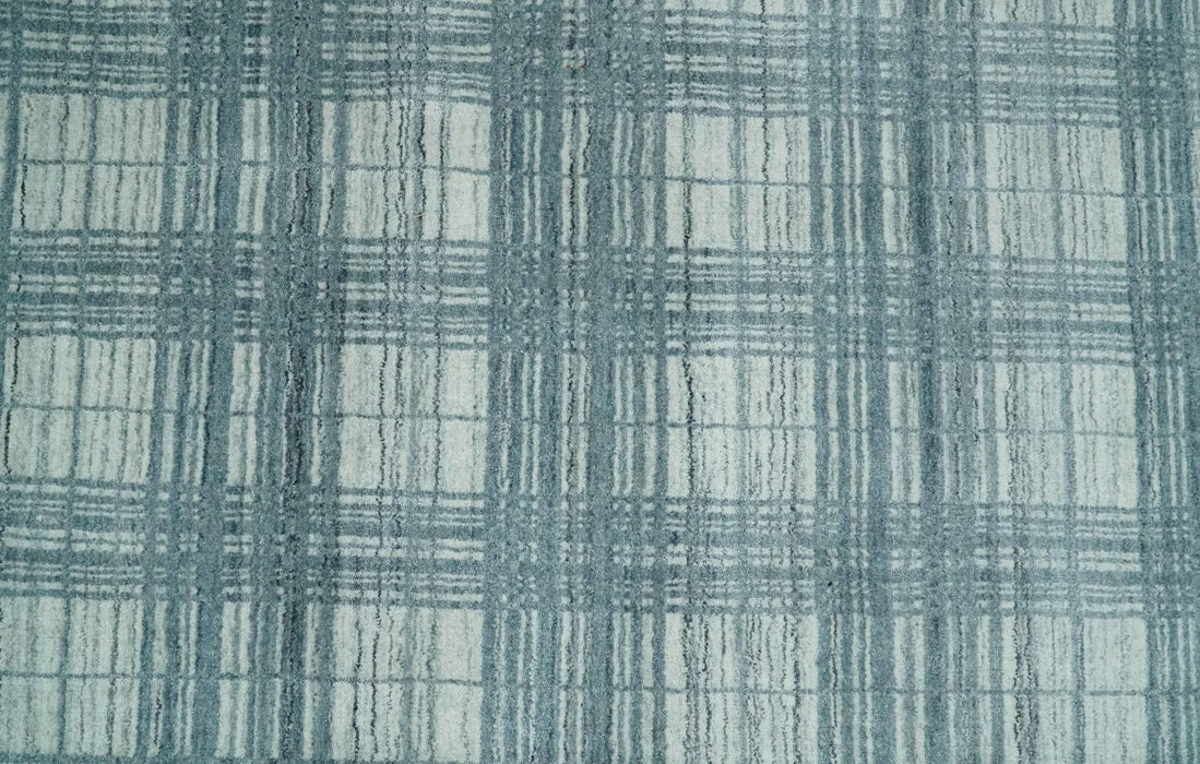 8x10 Hand Made Checkered Ivory and Blue Scandinavian Blended Wool Flatwoven Area Rug | KE21