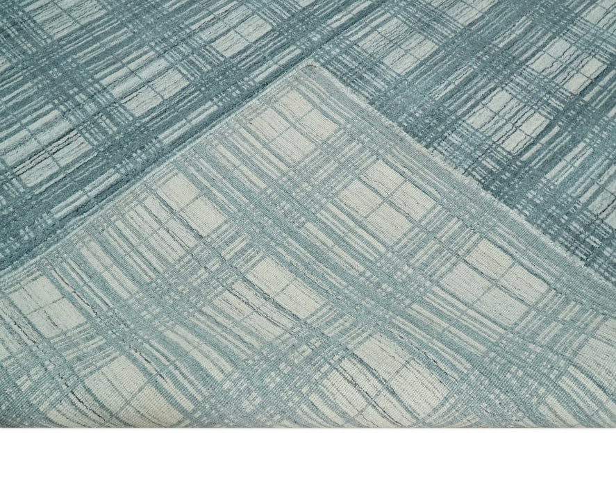 8x10 Hand Made Checkered Ivory and Blue Scandinavian Blended Wool Flatwoven Area Rug | KE21