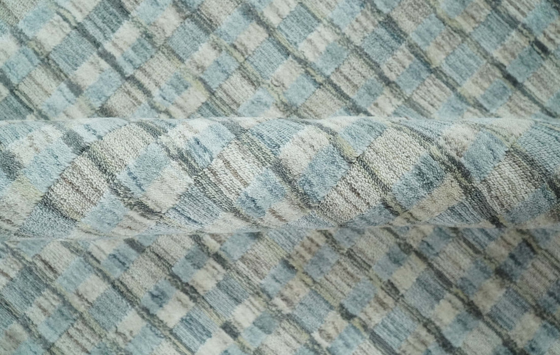 8x10 Hand Made Checkered Blue and Ivory Blended Wool  Area Rug