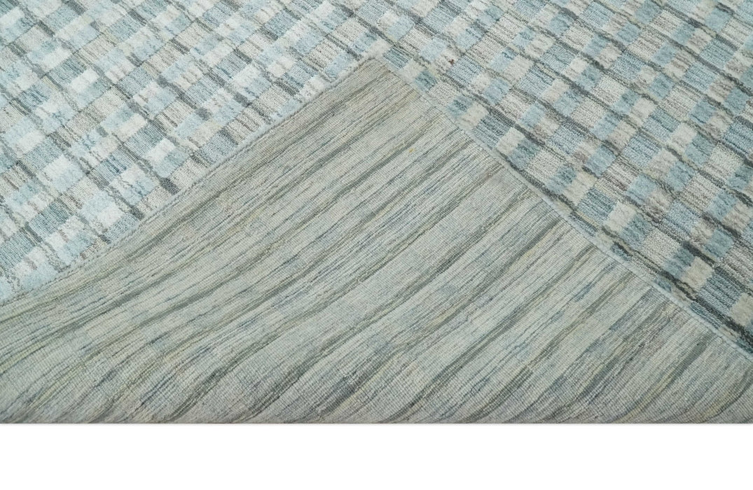 8x10 Hand Made Checkered Blue and Ivory Blended Wool  Area Rug